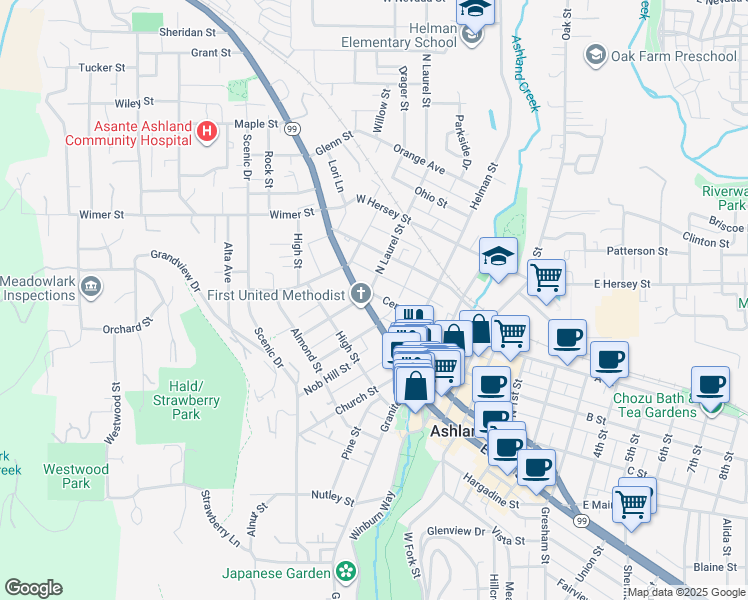 map of restaurants, bars, coffee shops, grocery stores, and more near 174 North Main Street in Ashland