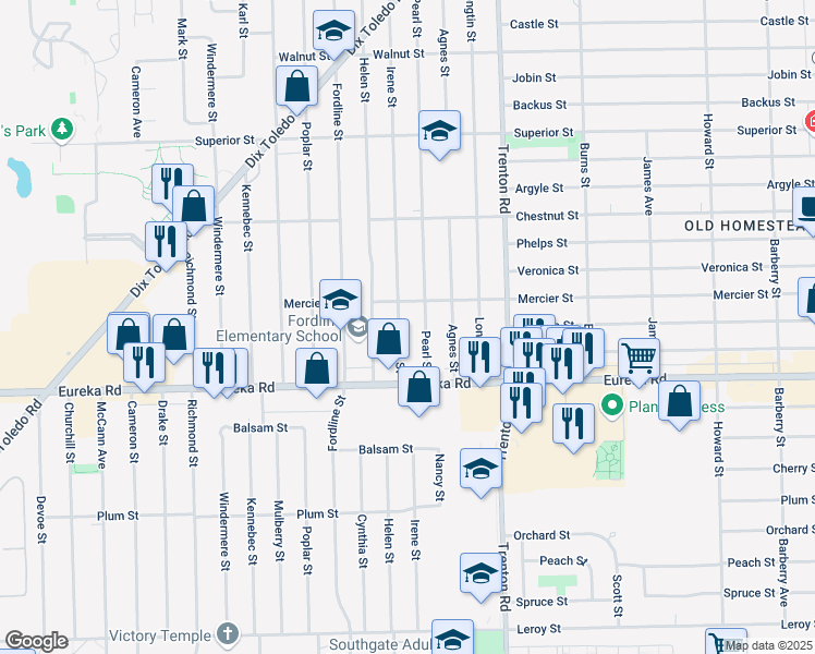 map of restaurants, bars, coffee shops, grocery stores, and more near 14688 Irene Street in Southgate