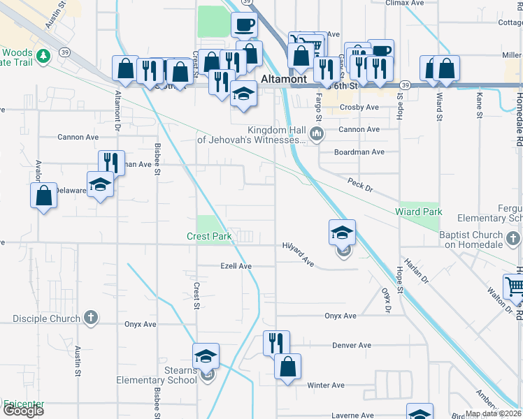 map of restaurants, bars, coffee shops, grocery stores, and more near 4030 Mack Avenue in Klamath Falls