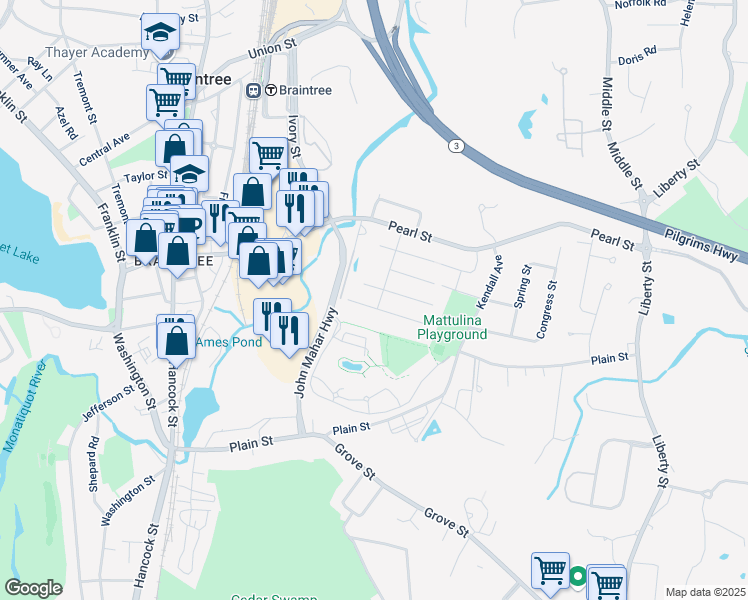 map of restaurants, bars, coffee shops, grocery stores, and more near 65 Fountain Street in Braintree