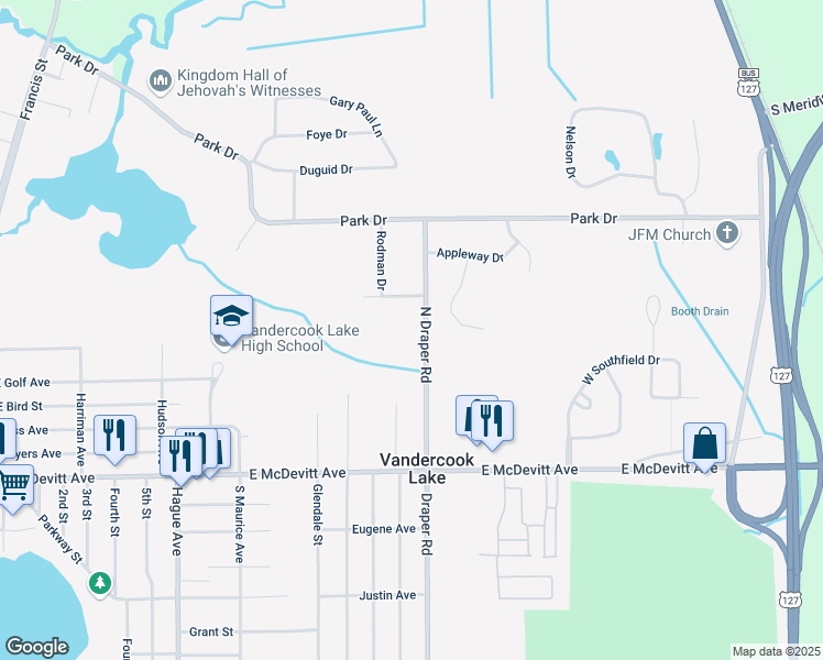 map of restaurants, bars, coffee shops, grocery stores, and more near 4300 North Draper Road in Jackson
