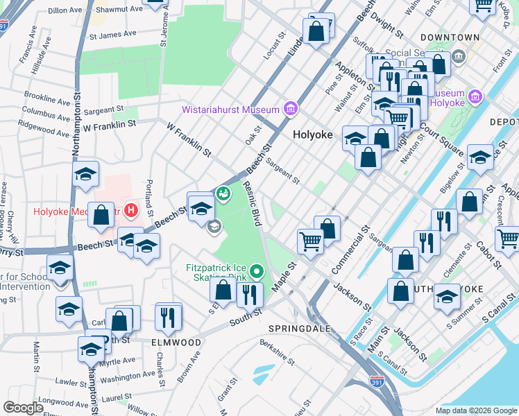 map of restaurants, bars, coffee shops, grocery stores, and more near 24 Resnic Boulevard in Holyoke