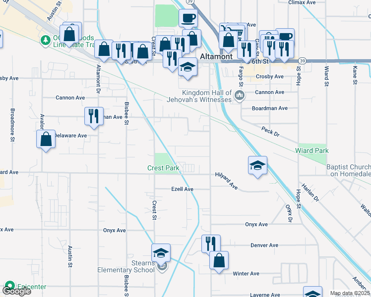 map of restaurants, bars, coffee shops, grocery stores, and more near 3942 Mack Avenue in Klamath Falls