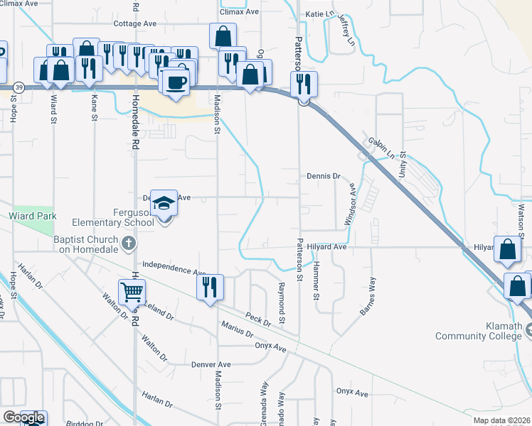 map of restaurants, bars, coffee shops, grocery stores, and more near 5940 Delaware Avenue in Klamath Falls