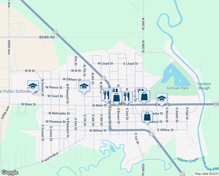 map of restaurants, bars, coffee shops, grocery stores, and more near 300 North Lucas Street in Pierce