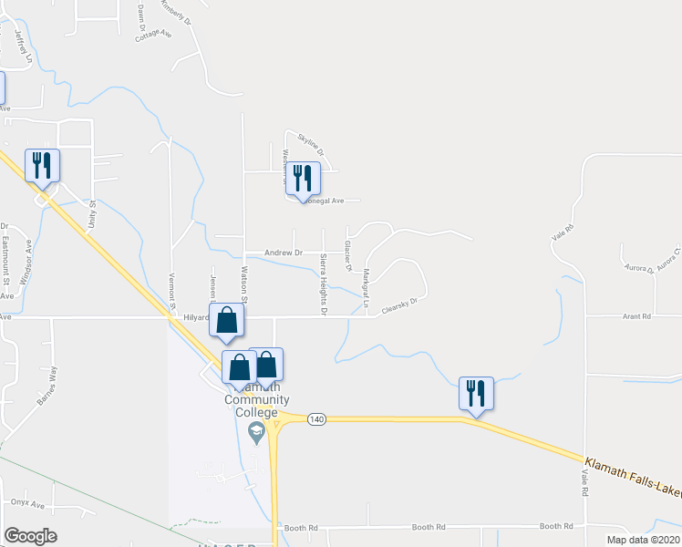 map of restaurants, bars, coffee shops, grocery stores, and more near 2852 Glacier Drive in Klamath Falls