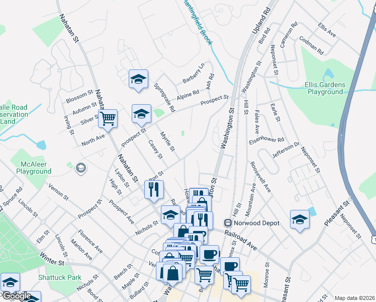 map of restaurants, bars, coffee shops, grocery stores, and more near 101 Fulton Street in Norwood
