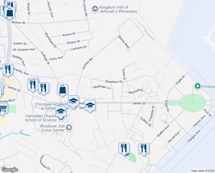 map of restaurants, bars, coffee shops, grocery stores, and more near 7 Mellinger Lane in Chicopee