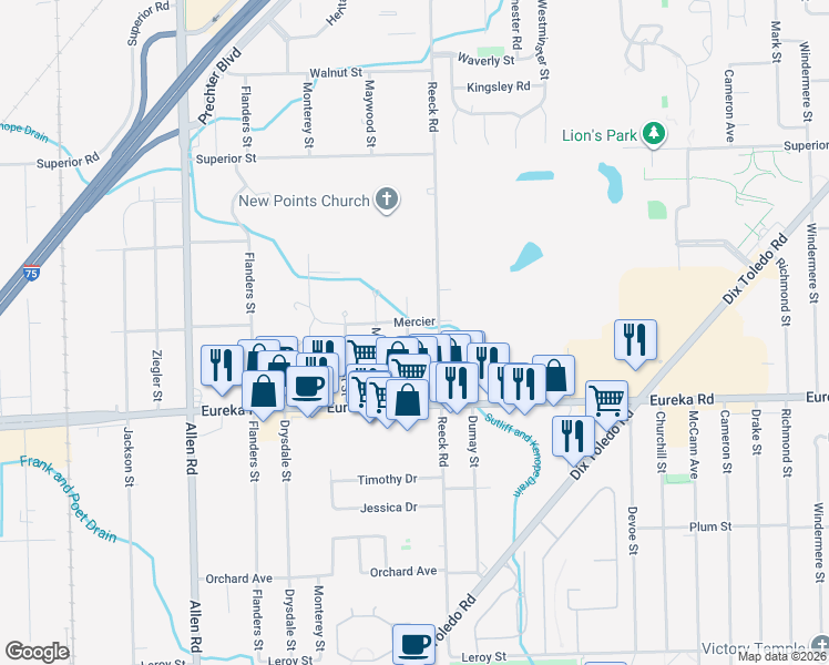 map of restaurants, bars, coffee shops, grocery stores, and more near 14829 Fairgrove Street in Southgate