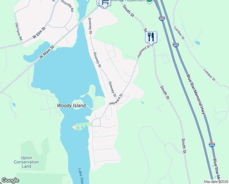 map of restaurants, bars, coffee shops, grocery stores, and more near 93 Downey Street in Hopkinton