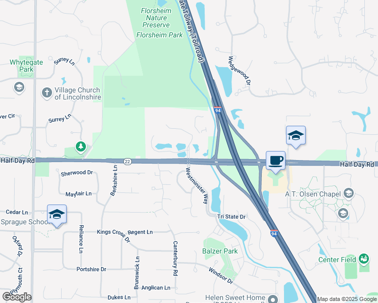 map of restaurants, bars, coffee shops, grocery stores, and more near Hewitt Drive in Lake Forest