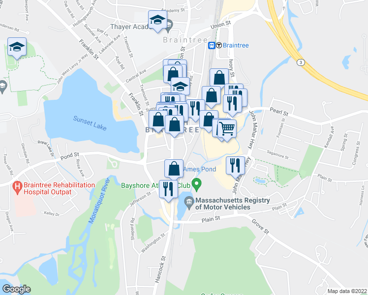 map of restaurants, bars, coffee shops, grocery stores, and more near 35 Crescent Avenue in Braintree