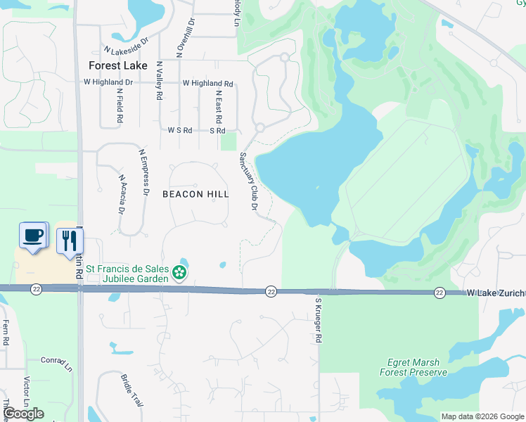 map of restaurants, bars, coffee shops, grocery stores, and more near 23249 Sanctuary Club Drive in Kildeer