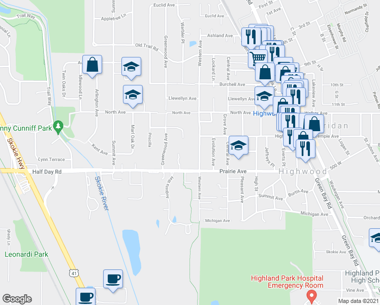 map of restaurants, bars, coffee shops, grocery stores, and more near 2662 Western Avenue in Highland Park