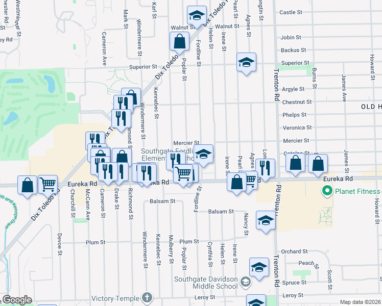 map of restaurants, bars, coffee shops, grocery stores, and more near 14739 Poplar Street in Southgate