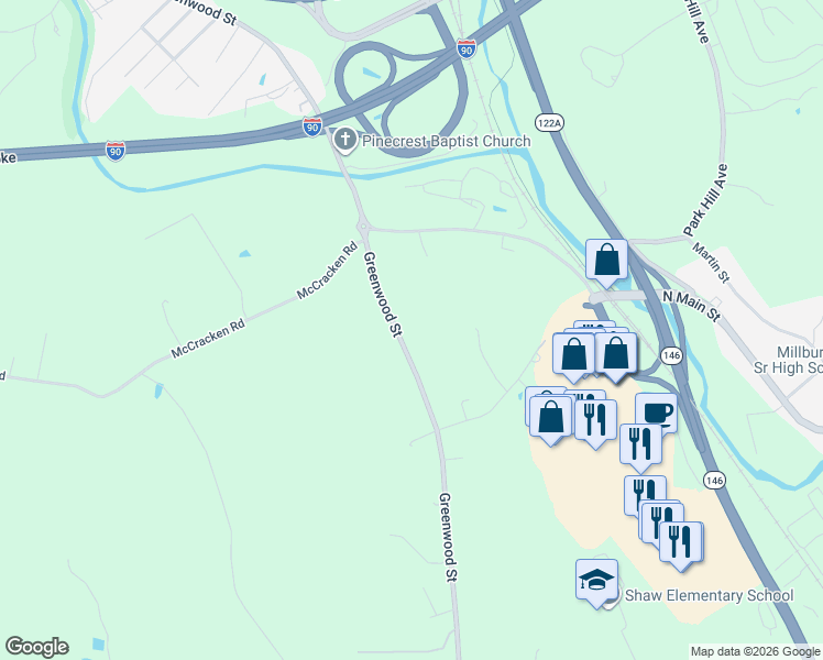 map of restaurants, bars, coffee shops, grocery stores, and more near 397A Greenwood Street in Millbury