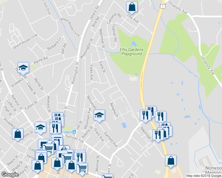 map of restaurants, bars, coffee shops, grocery stores, and more near 18 Jefferson Drive in Norwood