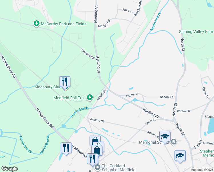 map of restaurants, bars, coffee shops, grocery stores, and more near 63 Harding Street in Medfield