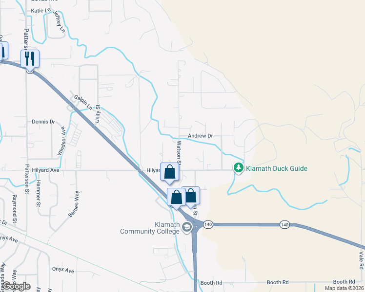 map of restaurants, bars, coffee shops, grocery stores, and more near 2807 Watson Street in Klamath Falls