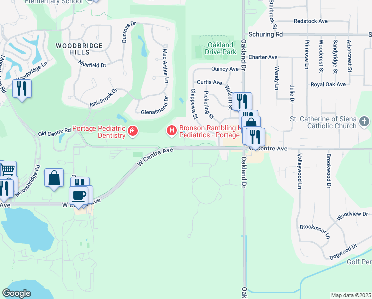 map of restaurants, bars, coffee shops, grocery stores, and more near 2501 West Centre Avenue in Portage