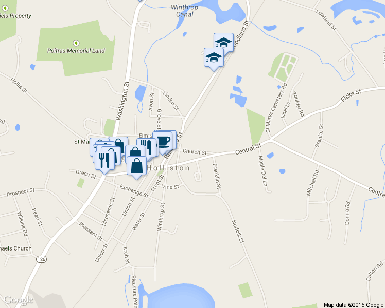 map of restaurants, bars, coffee shops, grocery stores, and more near 137 Church St in Holliston