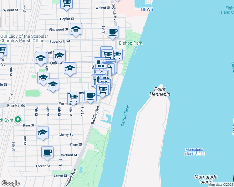 map of restaurants, bars, coffee shops, grocery stores, and more near 3157 Van Alstyne Street in Wyandotte