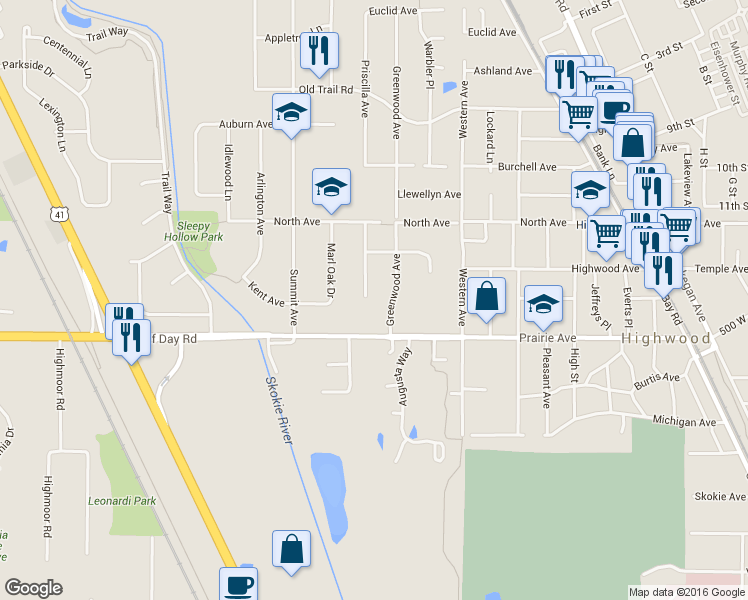 map of restaurants, bars, coffee shops, grocery stores, and more near 2663 Priscilla in Highland Park