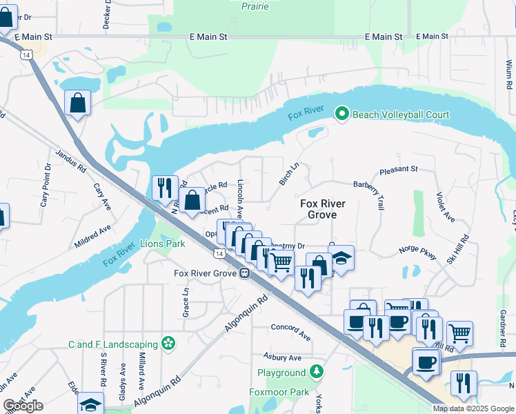 map of restaurants, bars, coffee shops, grocery stores, and more near 117 Harding Avenue in Fox River Grove