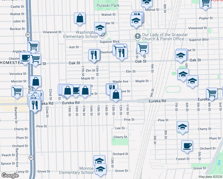 map of restaurants, bars, coffee shops, grocery stores, and more near 1260 Sycamore Street in Wyandotte
