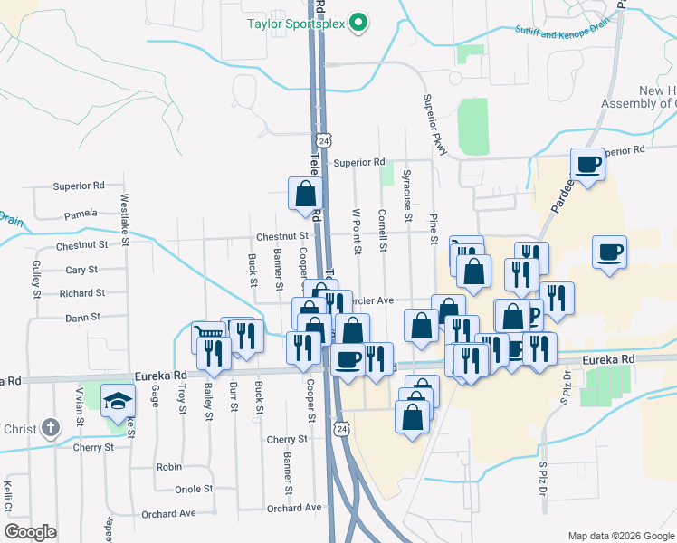 map of restaurants, bars, coffee shops, grocery stores, and more near 23385 Telegraph Road in Taylor