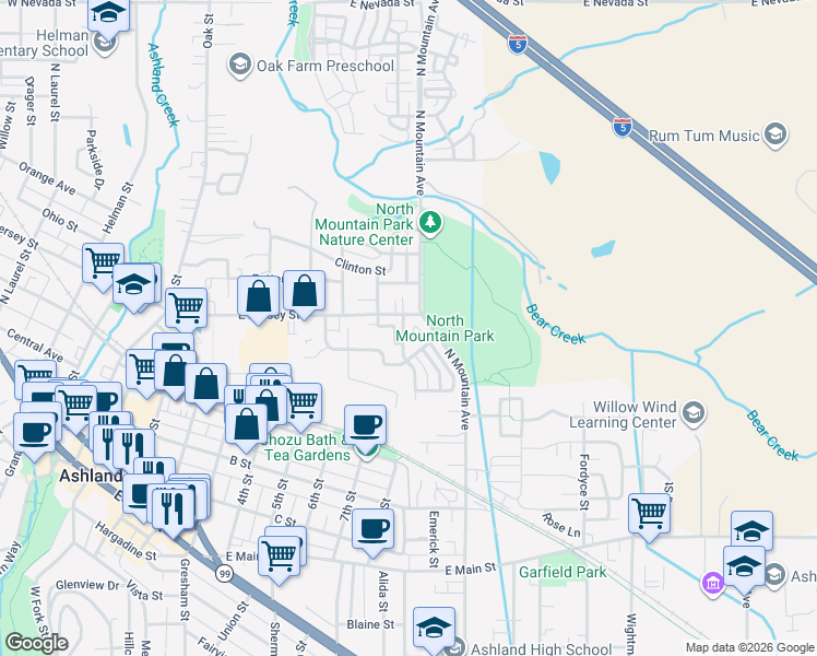 map of restaurants, bars, coffee shops, grocery stores, and more near 500 Starflower Ln in Ashland