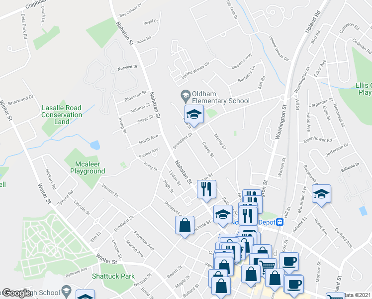 map of restaurants, bars, coffee shops, grocery stores, and more near 372 Railroad Avenue in Norwood