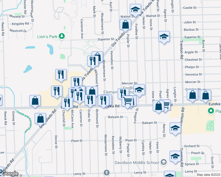 map of restaurants, bars, coffee shops, grocery stores, and more near 14736 Kennebec St in Southgate