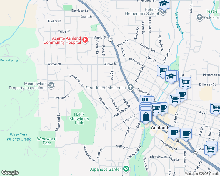 map of restaurants, bars, coffee shops, grocery stores, and more near 124 Manzanita Street in Ashland