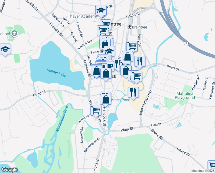 map of restaurants, bars, coffee shops, grocery stores, and more near 35 Crescent Avenue in Braintree