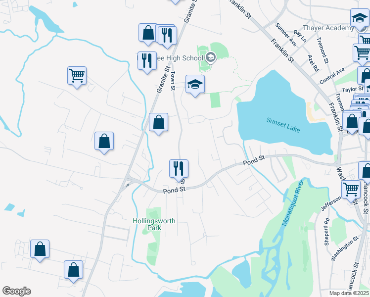 map of restaurants, bars, coffee shops, grocery stores, and more near 60 Tower Hill Road in Braintree
