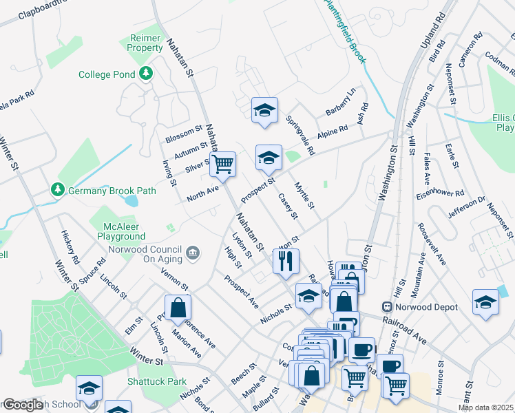 map of restaurants, bars, coffee shops, grocery stores, and more near 372 Railroad Avenue in Norwood