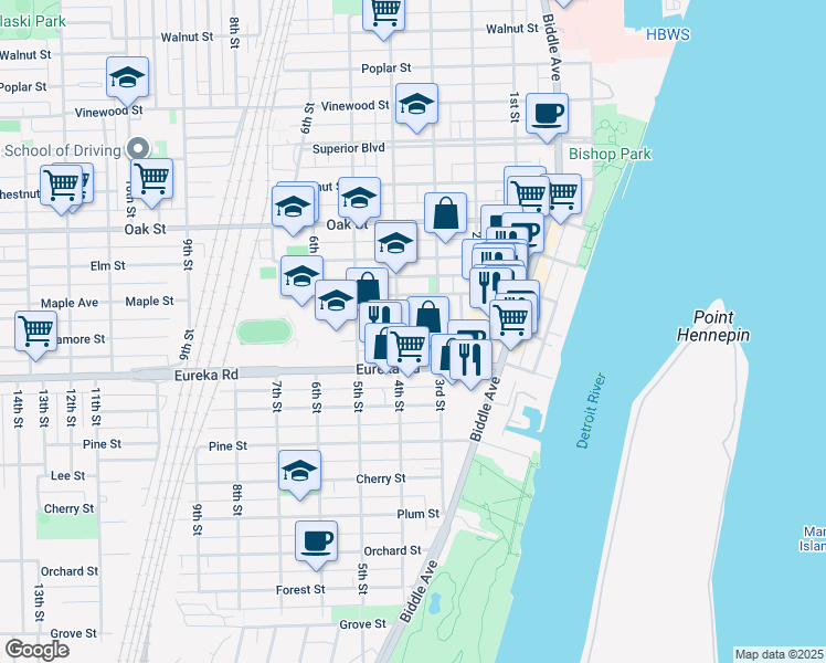 map of restaurants, bars, coffee shops, grocery stores, and more near 345 Sycamore Street in Wyandotte