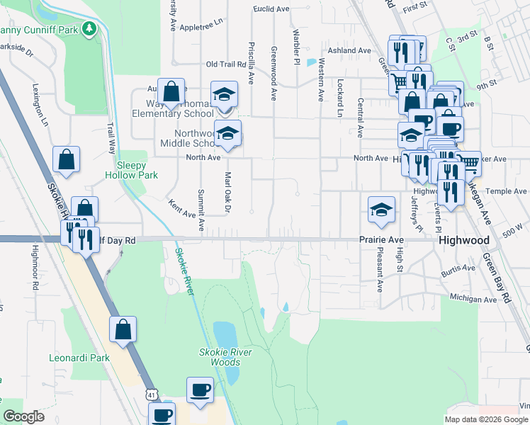 map of restaurants, bars, coffee shops, grocery stores, and more near 2663 Priscilla in Highland Park