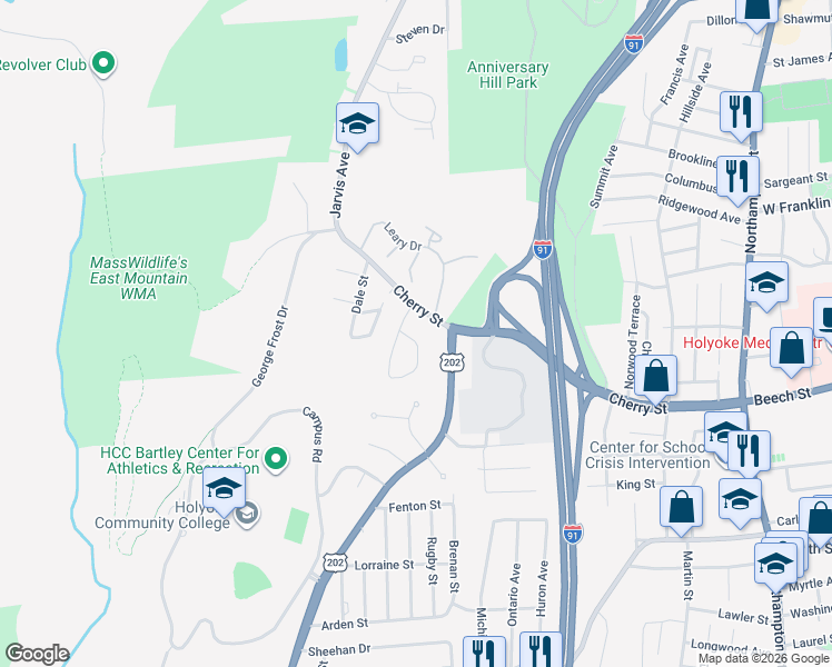 map of restaurants, bars, coffee shops, grocery stores, and more near 4 Maple Crest Circle in Holyoke