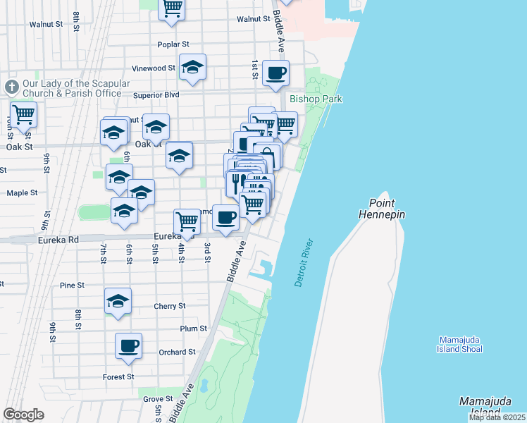 map of restaurants, bars, coffee shops, grocery stores, and more near 66 Sycamore Street in Wyandotte