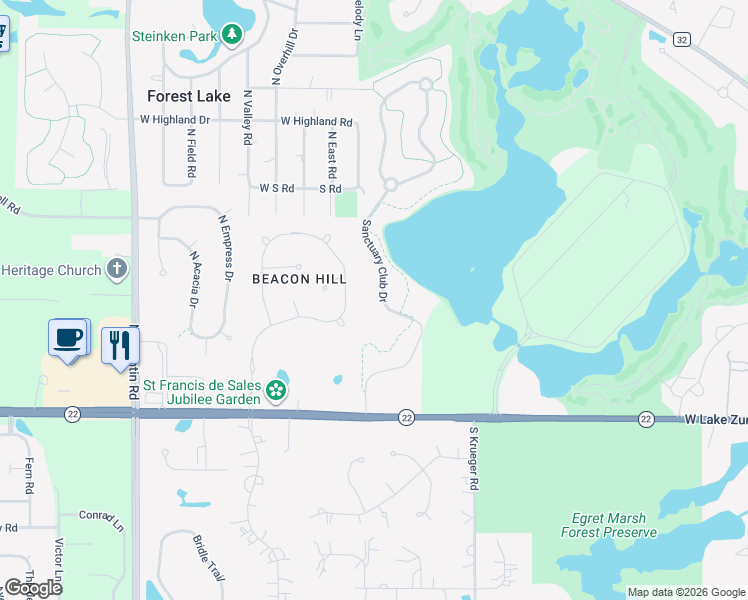 map of restaurants, bars, coffee shops, grocery stores, and more near 23249 Sanctuary Club Drive in Kildeer