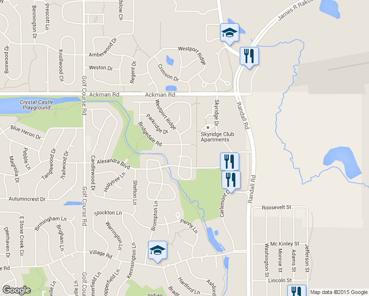 map of restaurants, bars, coffee shops, grocery stores, and more near 1500 Bridgedale Court in Crystal Lake