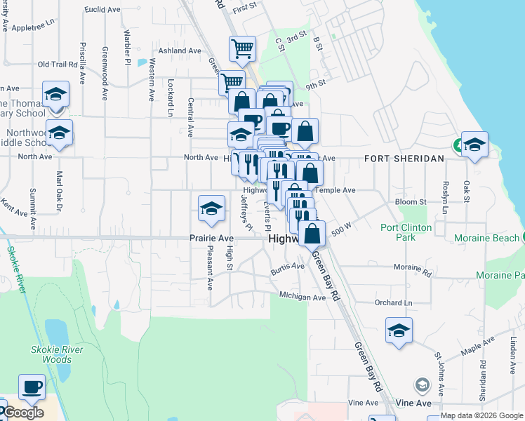 map of restaurants, bars, coffee shops, grocery stores, and more near 232 Everts Place in Highwood