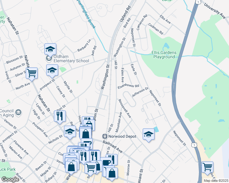 map of restaurants, bars, coffee shops, grocery stores, and more near 136 Hill Street in Norwood