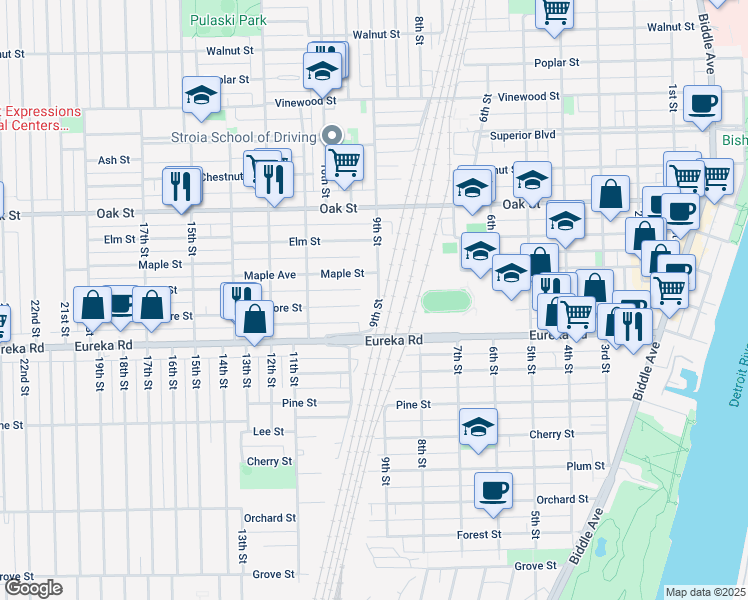 map of restaurants, bars, coffee shops, grocery stores, and more near 3152 9th Street in Wyandotte