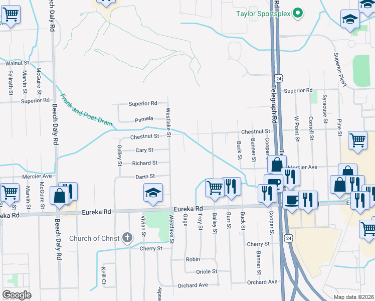 map of restaurants, bars, coffee shops, grocery stores, and more near 14391 Gage Street in Taylor