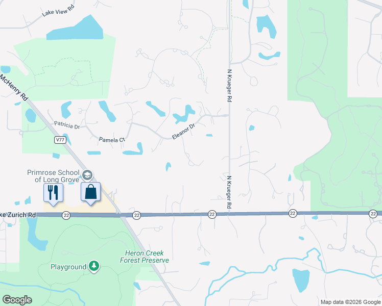 map of restaurants, bars, coffee shops, grocery stores, and more near 4543 Kimberly Court in Long Grove