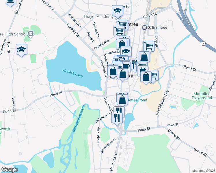 map of restaurants, bars, coffee shops, grocery stores, and more near 1036 Washington Street in Braintree