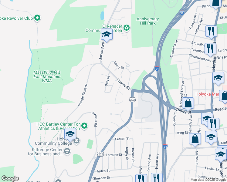 map of restaurants, bars, coffee shops, grocery stores, and more near 8 Crestwood Street in Holyoke